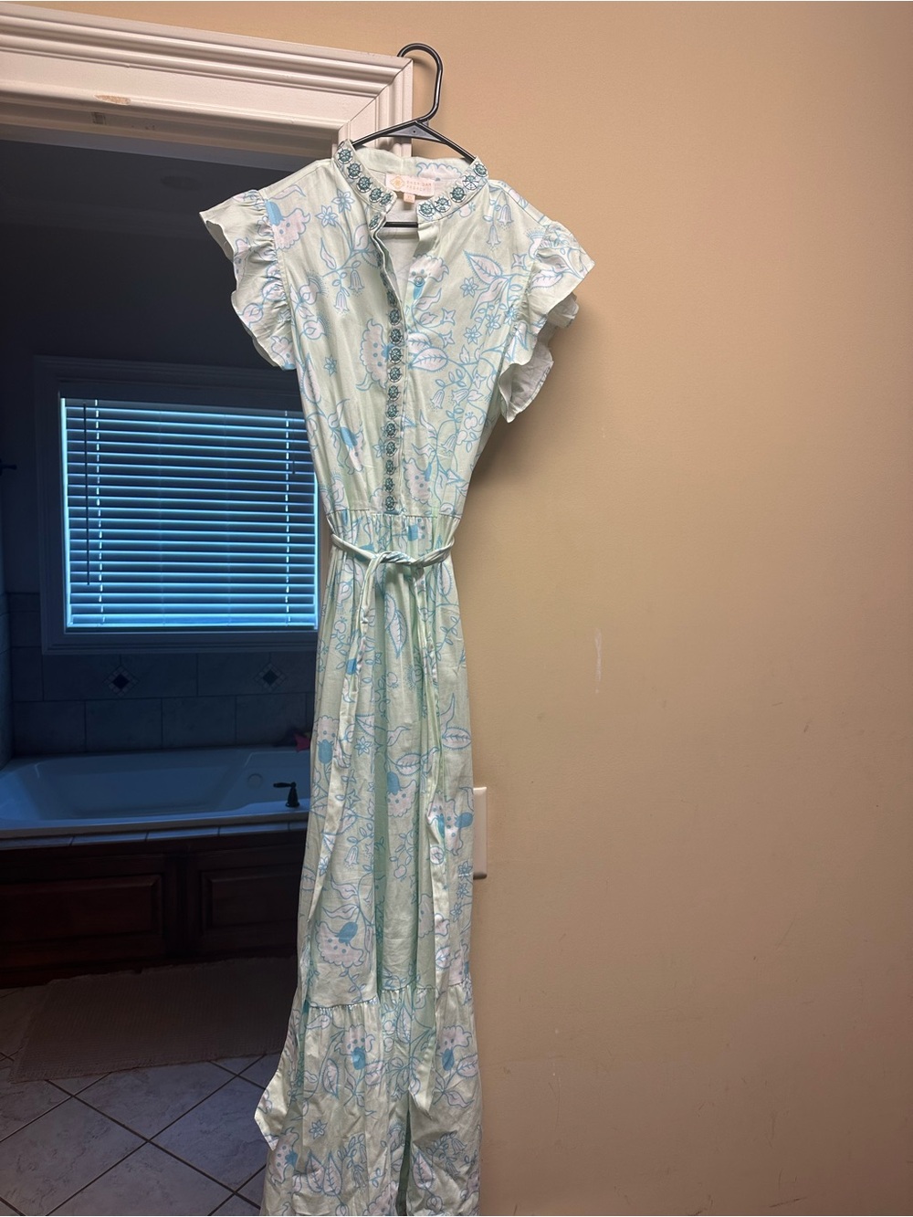 Mint Floral Button-Front Maxi Dress with Tie Waist